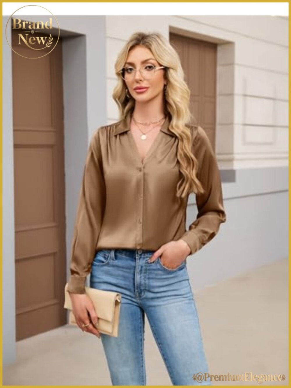 Satin Button Down V-Neck Long Sleeve Blouse Pleated Tunic Business Casual - Picture 3 of 6